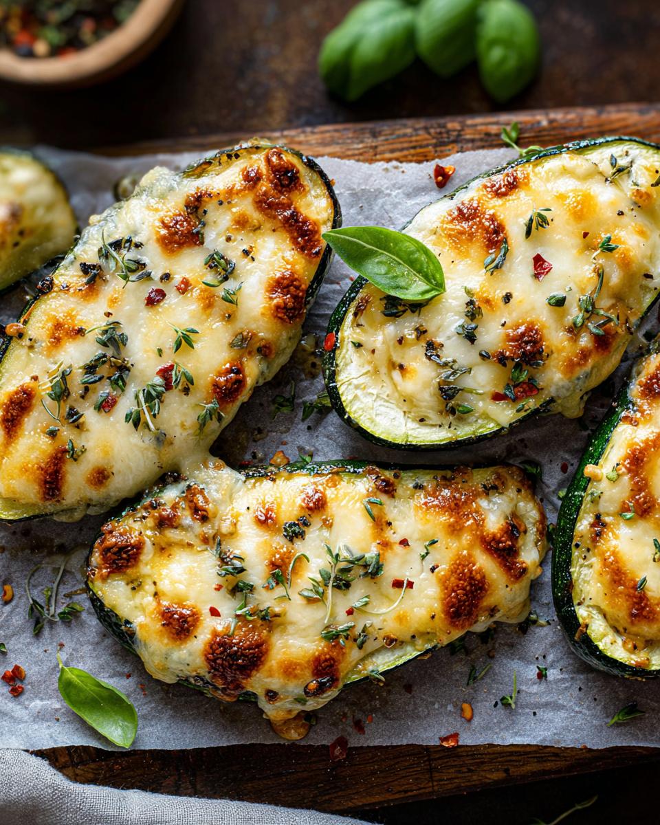 Close-up of baked zucchini halves topped with melted cheese and herbs, a delicious part of the Garlic Butter Steak & Zucchini Delight.