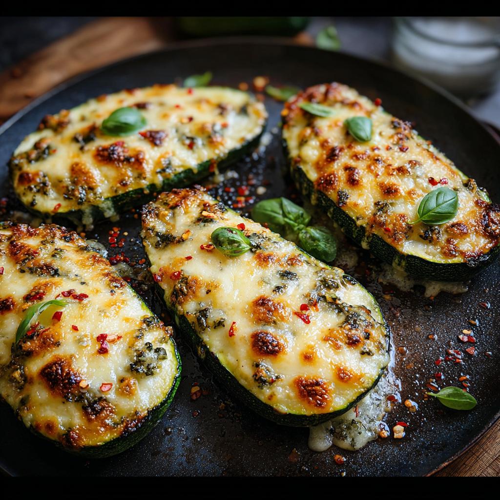 Four halves of baked zucchini filled with a savory mixture and topped with melted cheese, garnished with basil and chili flakes. Effortless Garlic Butter Steak & Zucchini Delight.