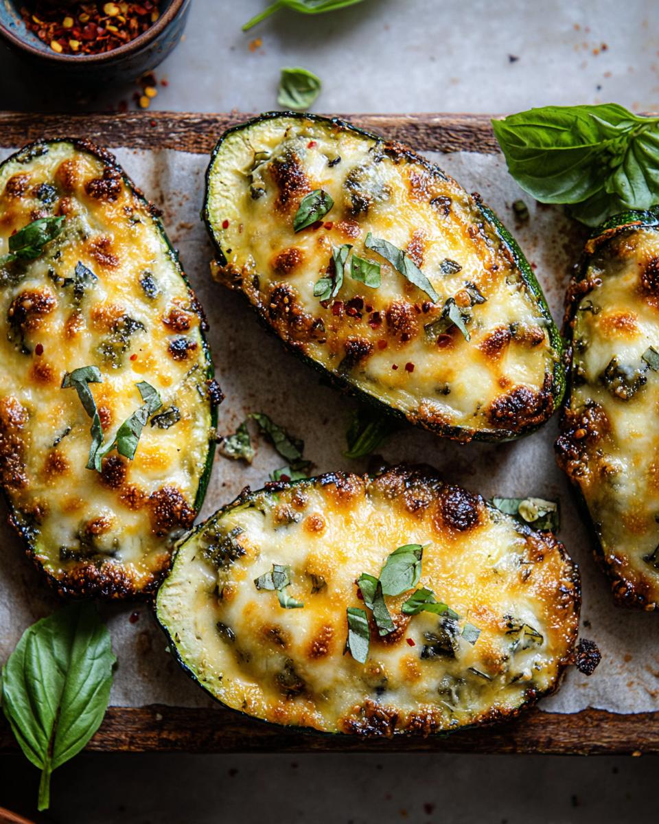 Four halves of zucchini boats filled with a savory mixture and topped with melted, golden-brown cheese, garnished with fresh basil.