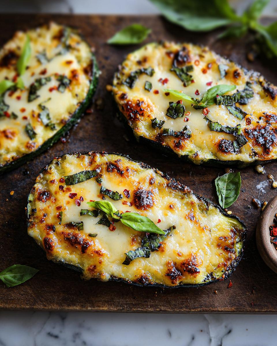 Close-up of baked zucchini slices topped with melted cheese, fresh basil, and chili flakes.