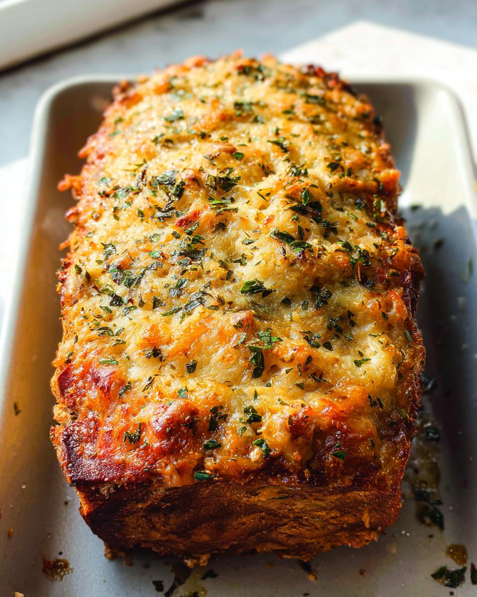 A golden brown Garlic Parmesan Chicken Meatloaf baked in a loaf pan, topped with melted cheese and herbs.