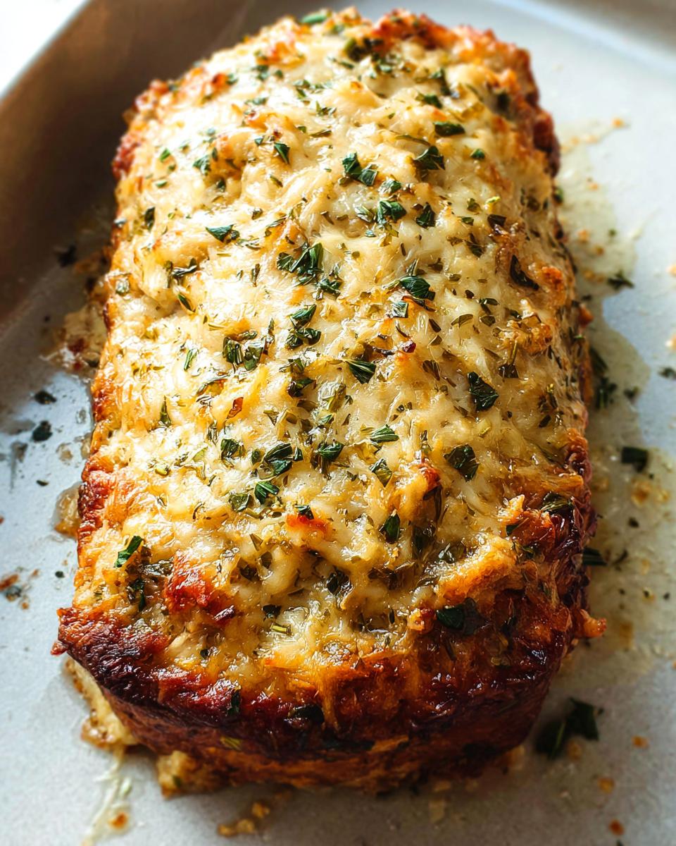A close-up of a golden-brown Garlic Parmesan Chicken Meatloaf topped with melted cheese and herbs.