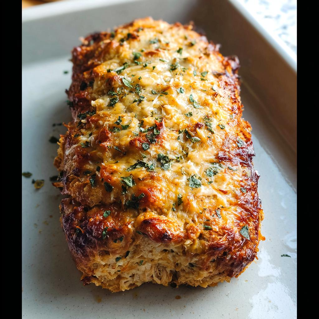 A golden-brown Garlic Parmesan Chicken Meatloaf baked in a dish and topped with fresh parsley.