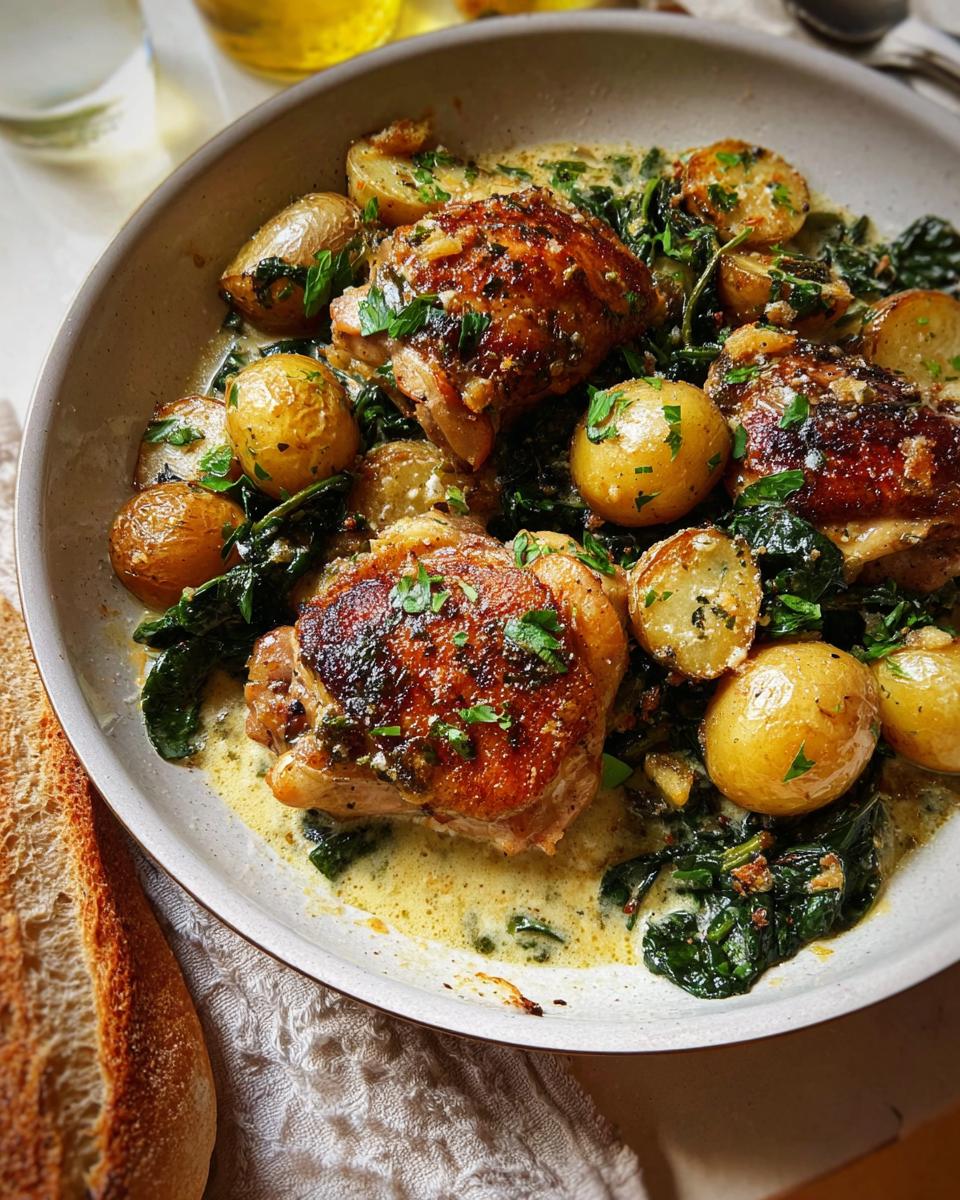 A close-up of Garlic Parmesan Chicken Thighs and Potatoes served in a creamy sauce with fresh parsley.