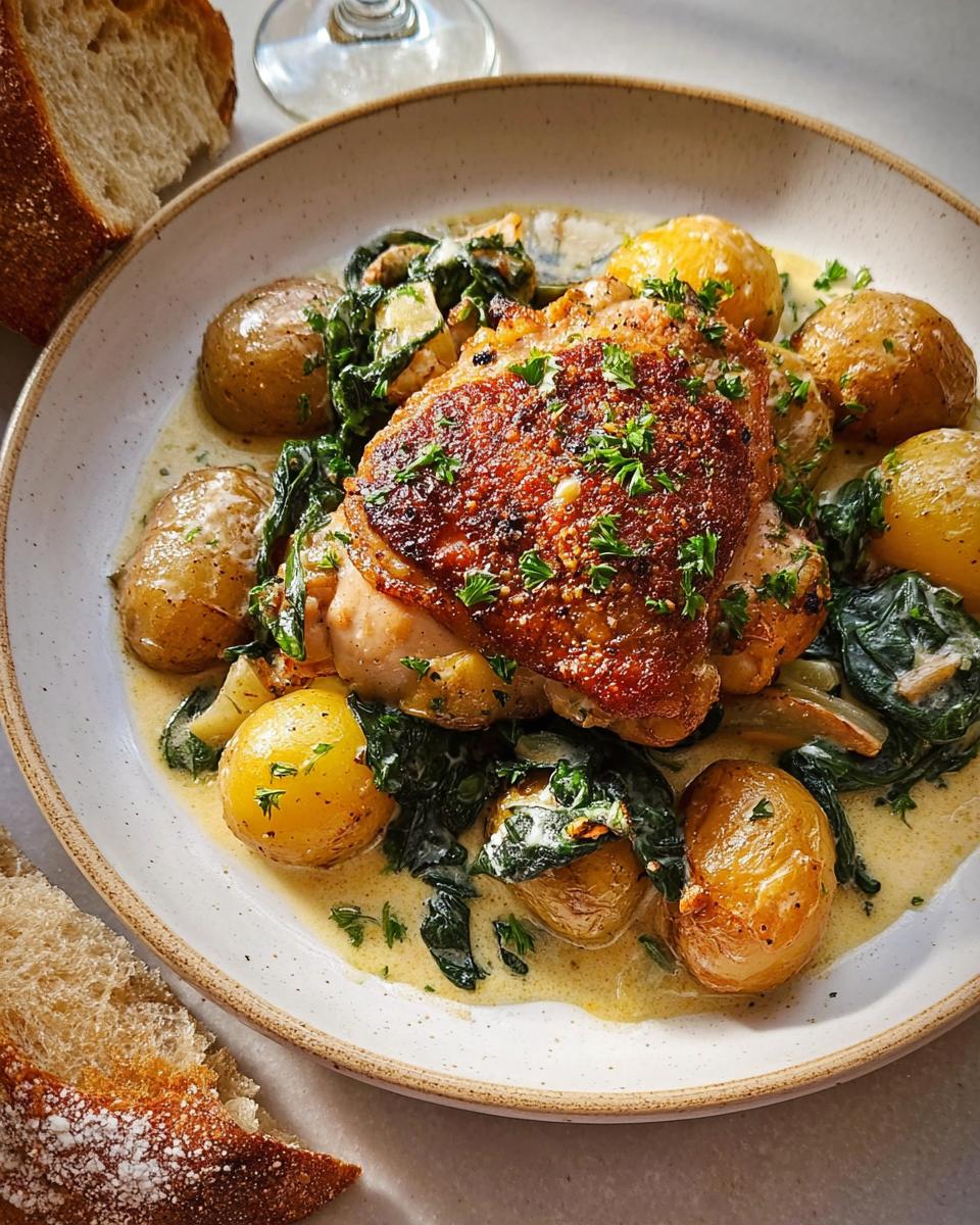 A plate of Garlic Parmesan Chicken Thighs and Potatoes in a creamy sauce, garnished with parsley.