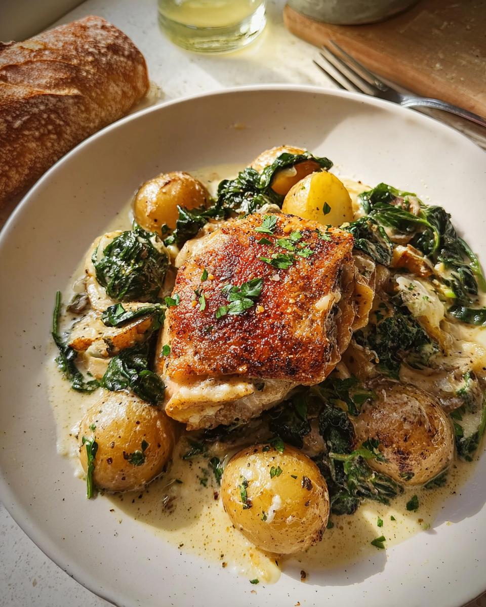 A serving of Garlic Parmesan Chicken Thighs and Potatoes in a creamy sauce, garnished with parsley.