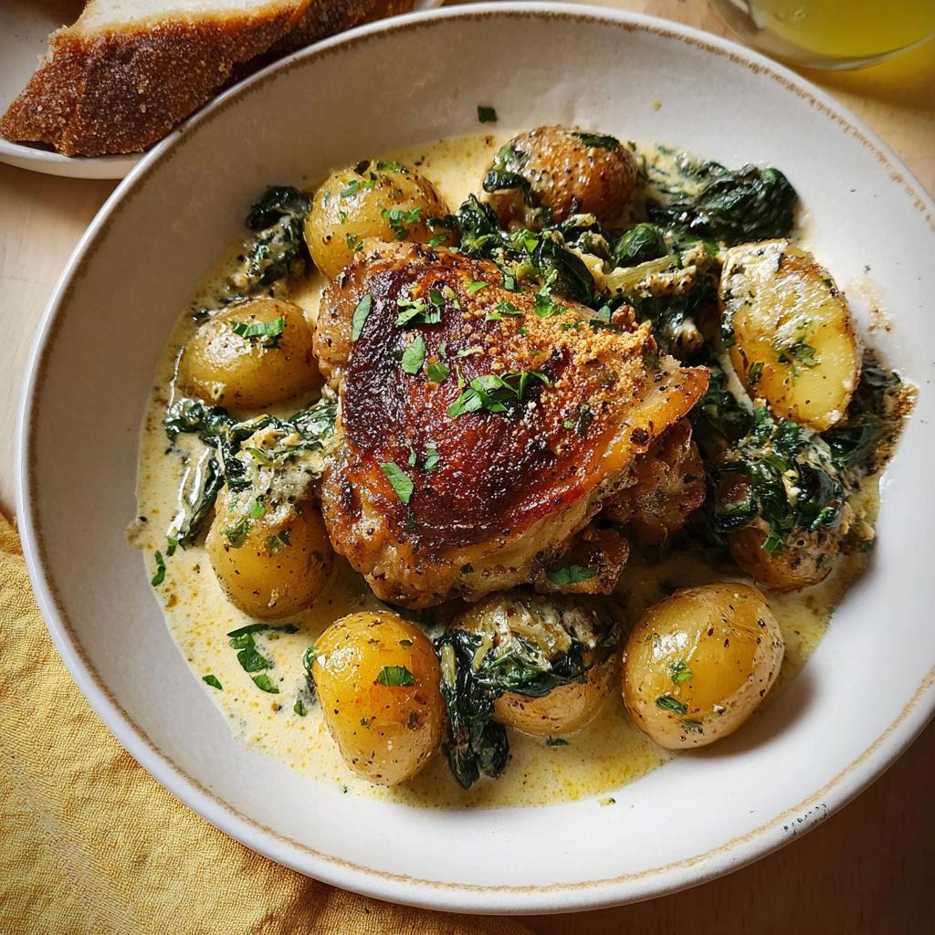 A close-up of a bowl filled with Garlic Parmesan Chicken Thighs and Potatoes, coated in a creamy sauce and garnished with parsley.