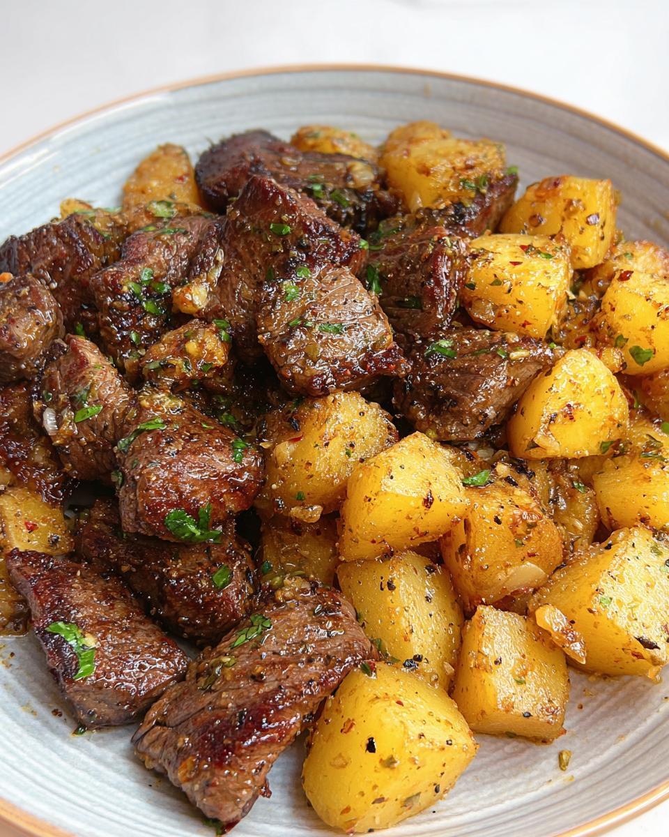 A close-up shot of delicious garlic steak bites mixed with seasoned potatoes, garnished with parsley.