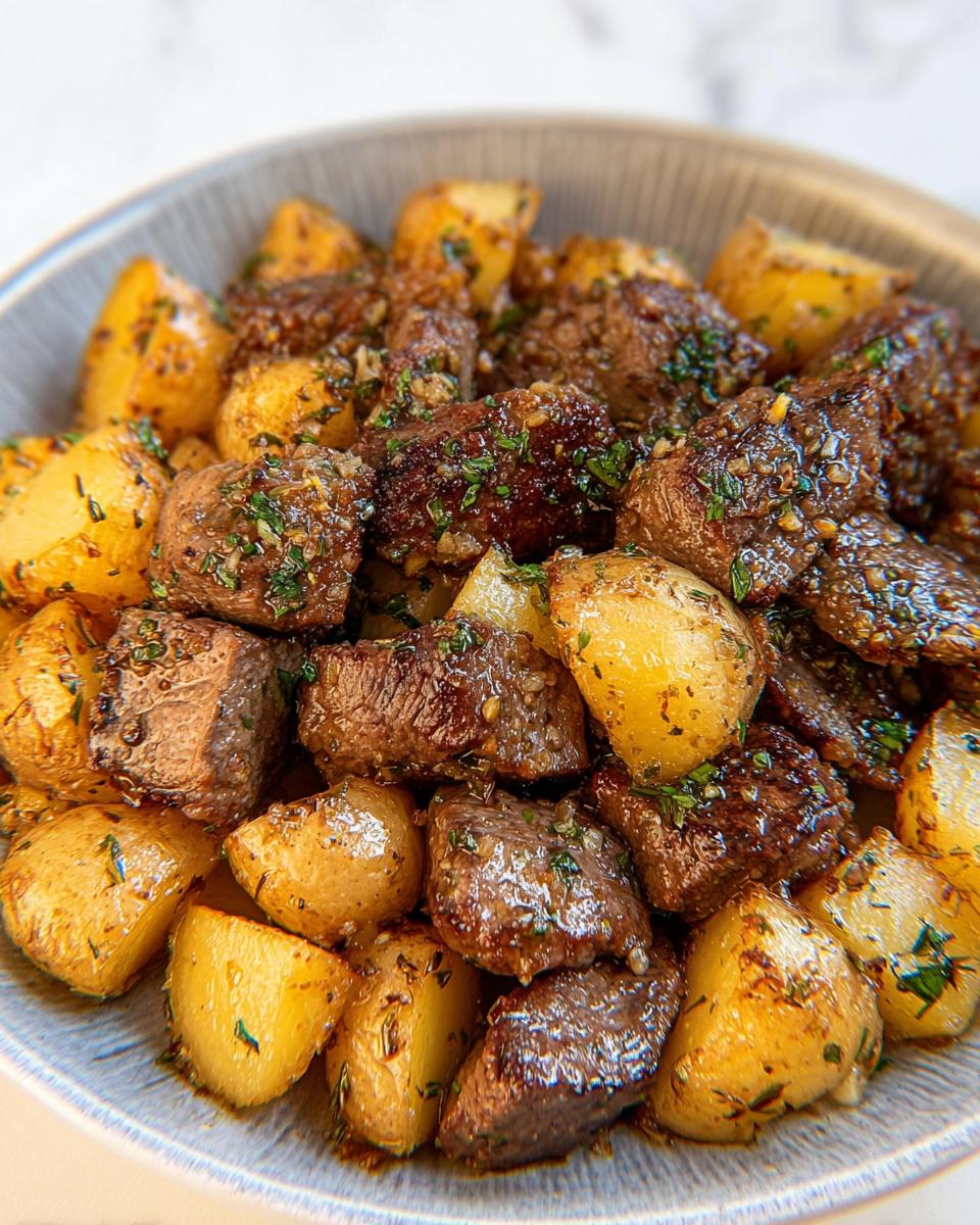 A close-up of a bowl filled with golden roasted potatoes and juicy garlic steak bites, garnished with fresh herbs.