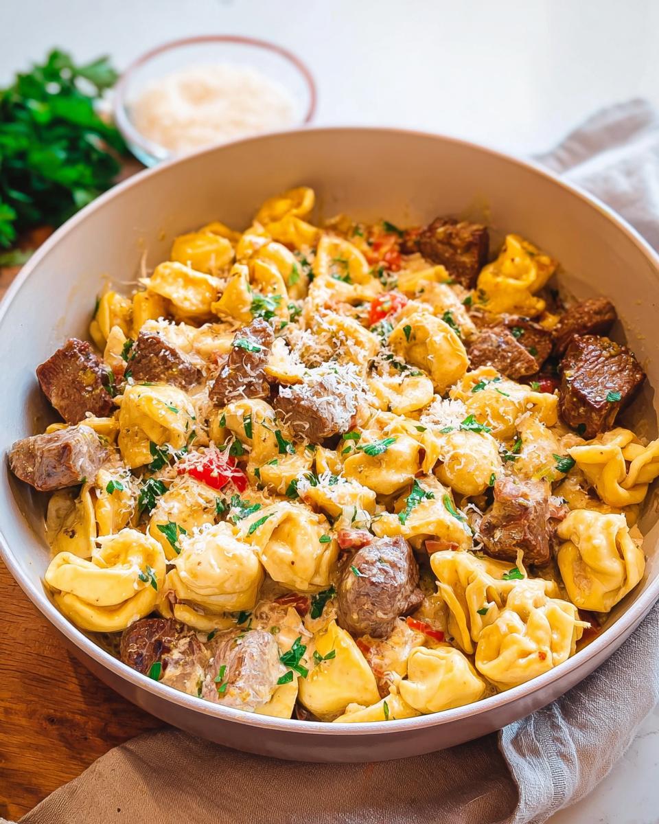 A close-up of a bowl filled with Garlic Steak Tortellini, garnished with parsley and grated cheese.