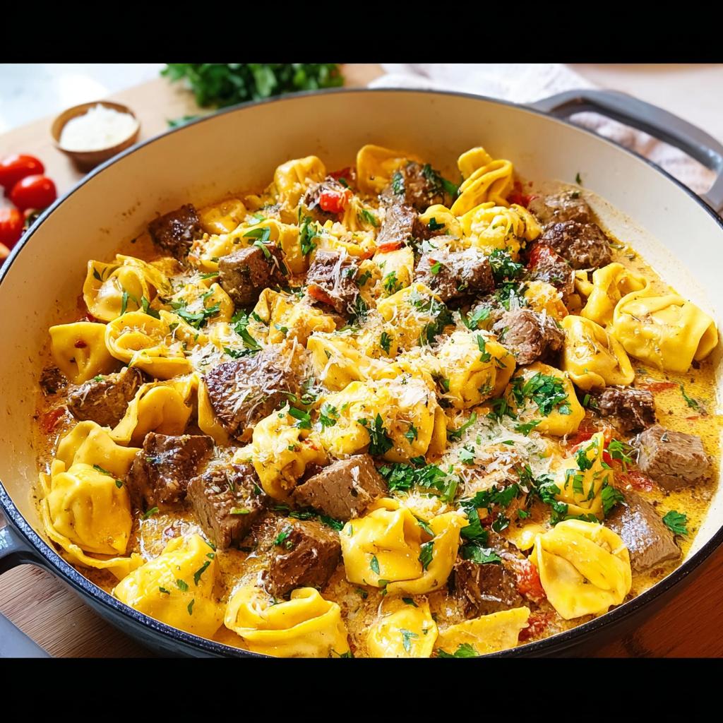 A close-up of Garlic Steak Tortellini in a creamy sauce, garnished with parsley and parmesan.