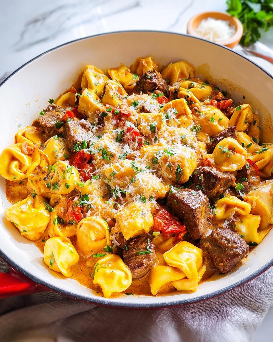 A close-up of Garlic Steak Tortellini in a creamy sauce, topped with grated cheese and parsley.