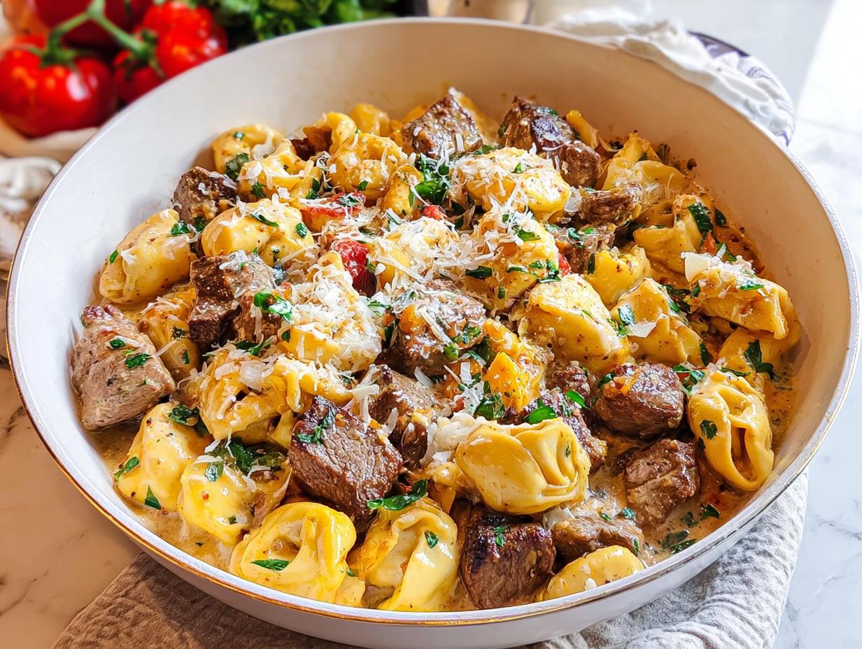 A close-up of Garlic Steak Tortellini in a creamy sauce, topped with Parmesan cheese and parsley.