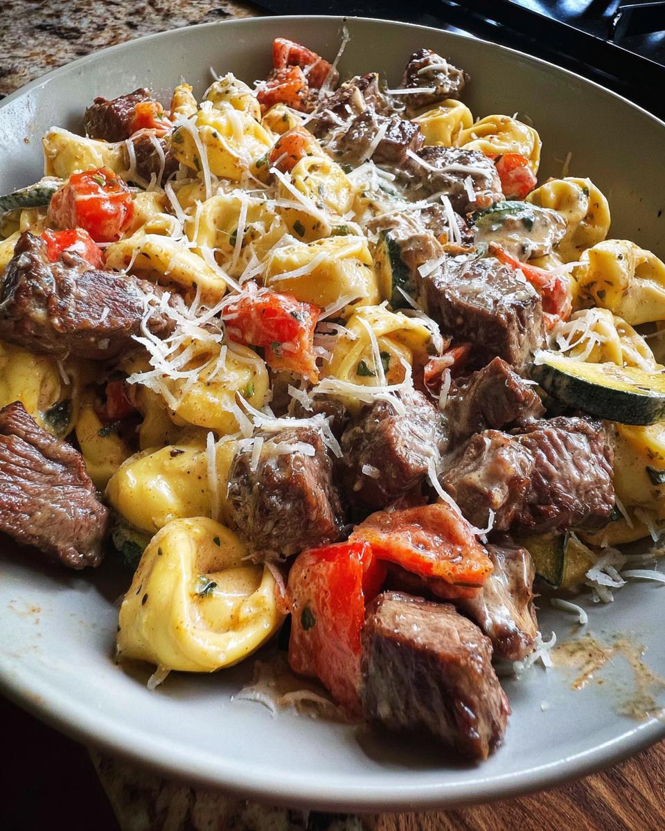 A close-up of Garlic Steak Tortellini pasta dish with chunks of steak, cherry tomatoes, and zucchini slices, topped with shredded cheese.
