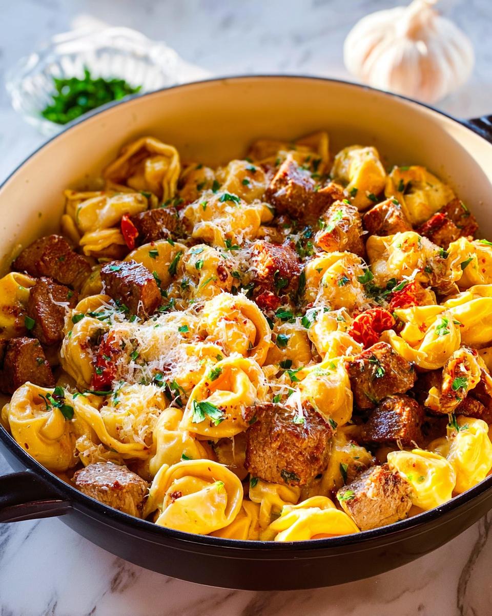 A close-up of a pan filled with Garlic Steak Tortellini, featuring pasta, steak bites, and a creamy sauce, garnished with cheese and parsley.