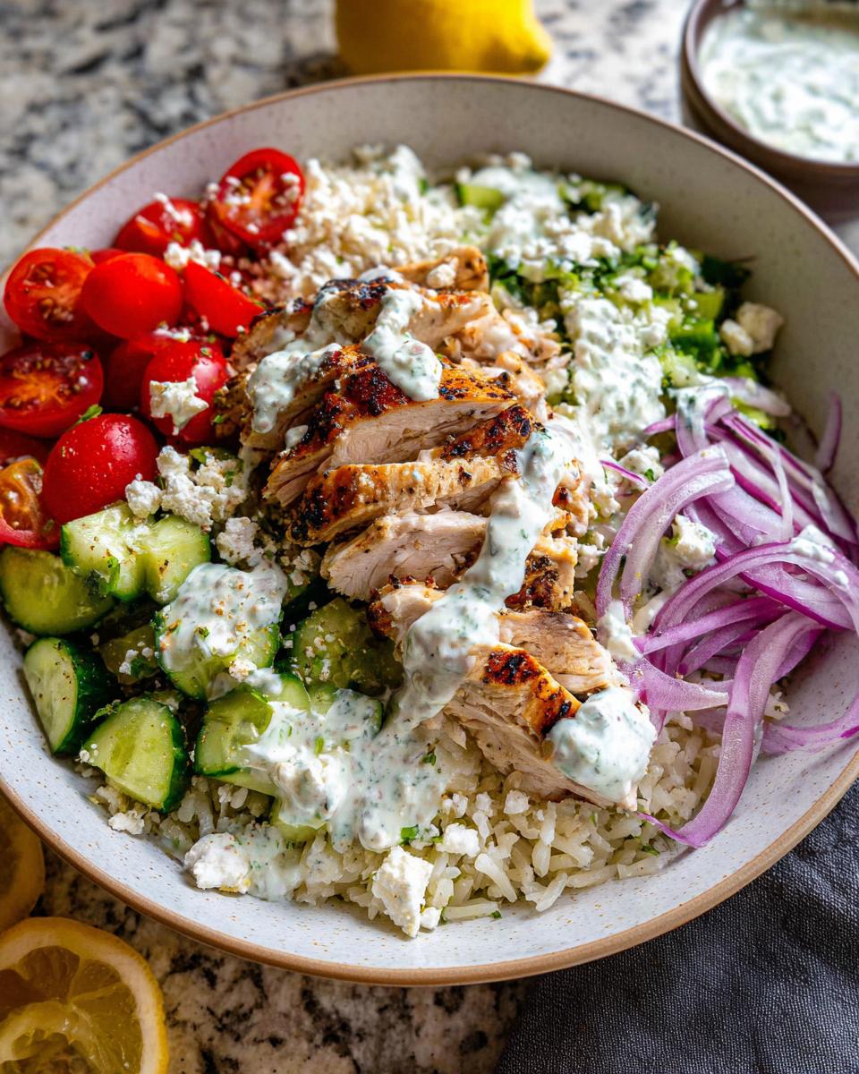 A vibrant bowl of Greek Chicken Bowls, featuring grilled chicken, rice, tomatoes, cucumbers, red onion, feta cheese, and tzatziki sauce.