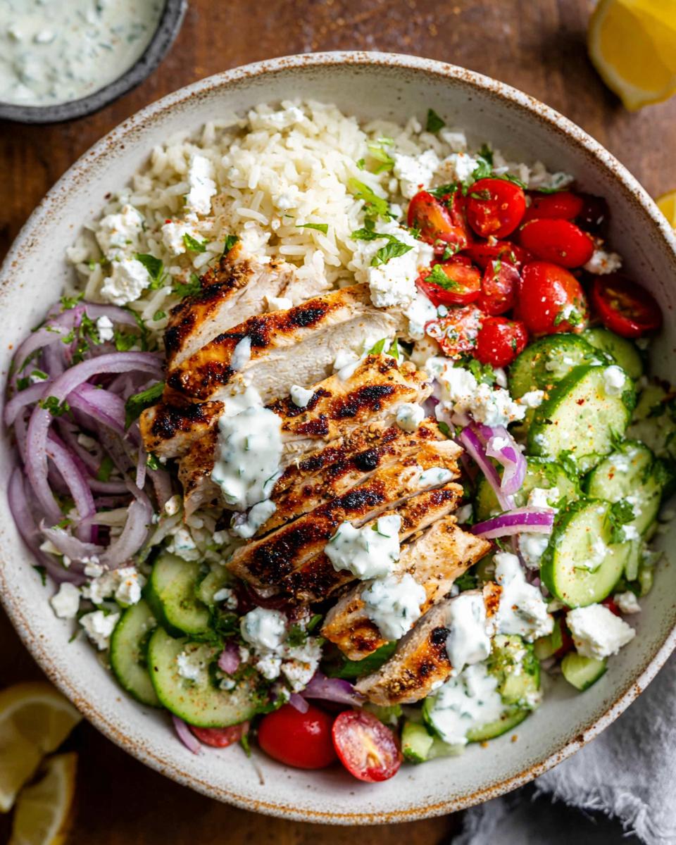 A close-up of a vibrant Greek Chicken Bowl filled with grilled chicken, rice, cucumbers, tomatoes, red onion, and feta cheese.
