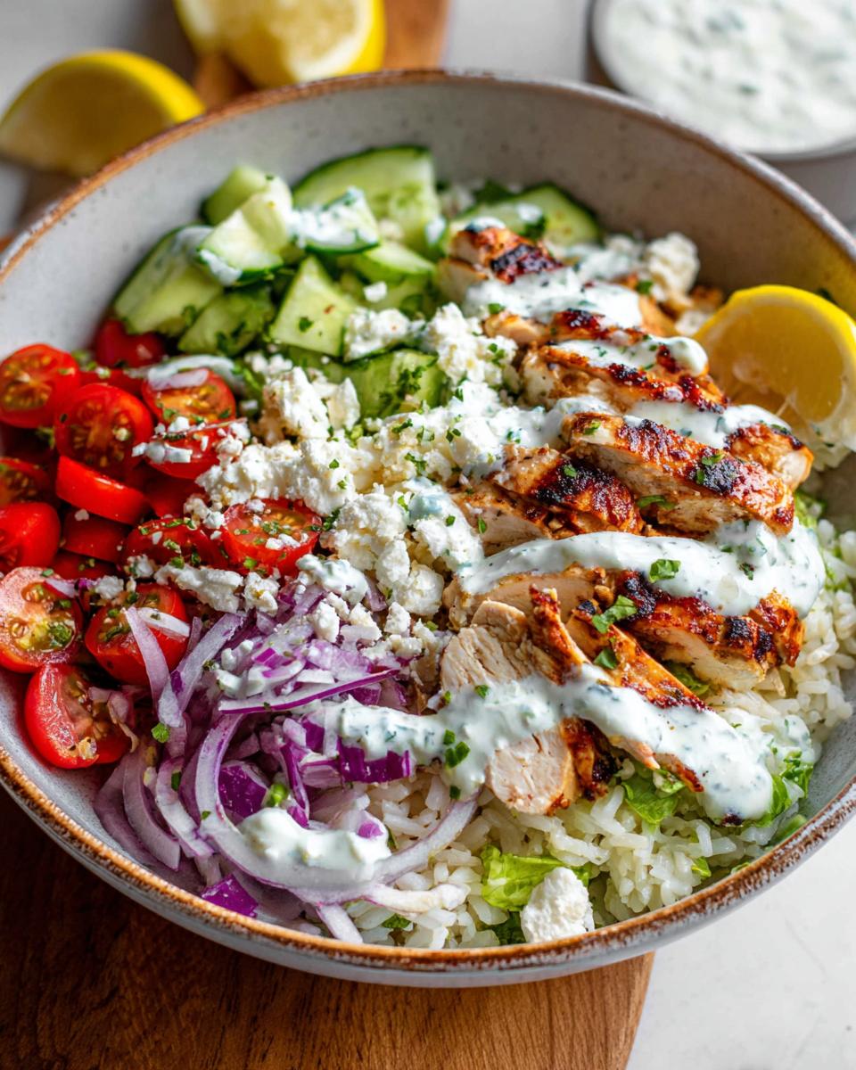 A vibrant bowl of Greek Chicken Bowls, featuring grilled chicken, rice, tomatoes, cucumber, red onion, feta, and tzatziki sauce.