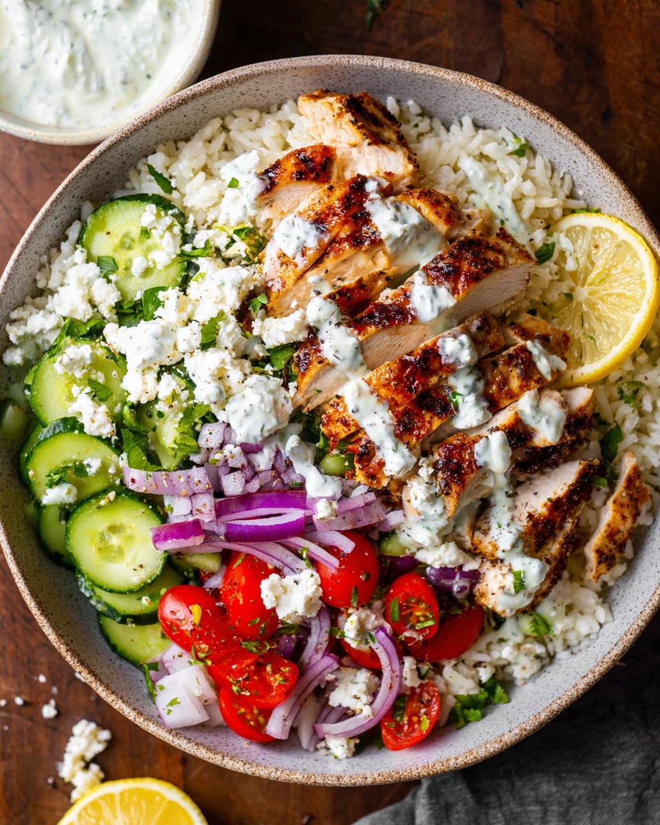 A vibrant bowl of Greek Chicken Bowls featuring grilled chicken, rice, cucumber, tomatoes, red onion, feta cheese, and tzatziki sauce.
