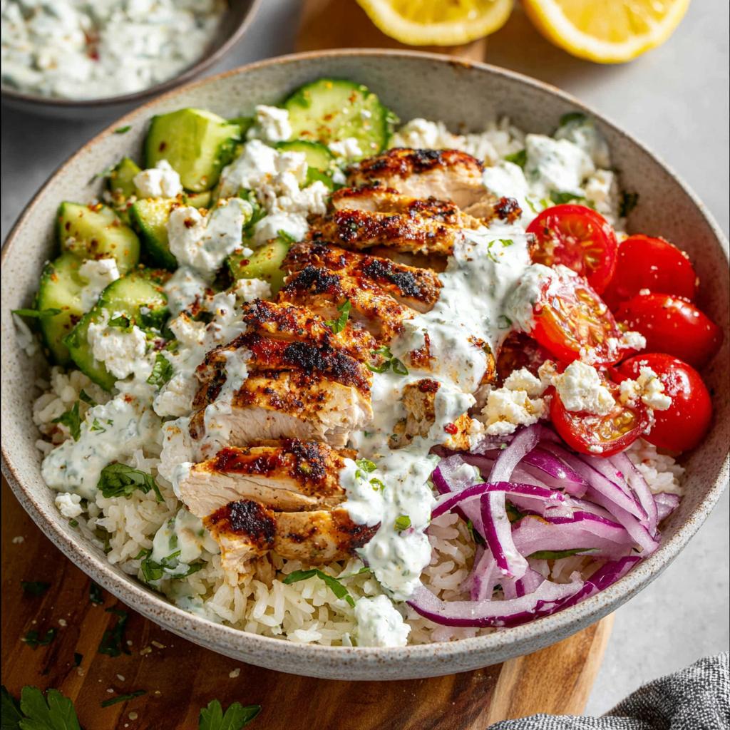A close-up of a healthy Greek Chicken Bowl filled with rice, grilled chicken, cucumber, tomatoes, red onion, feta, and tzatziki sauce.