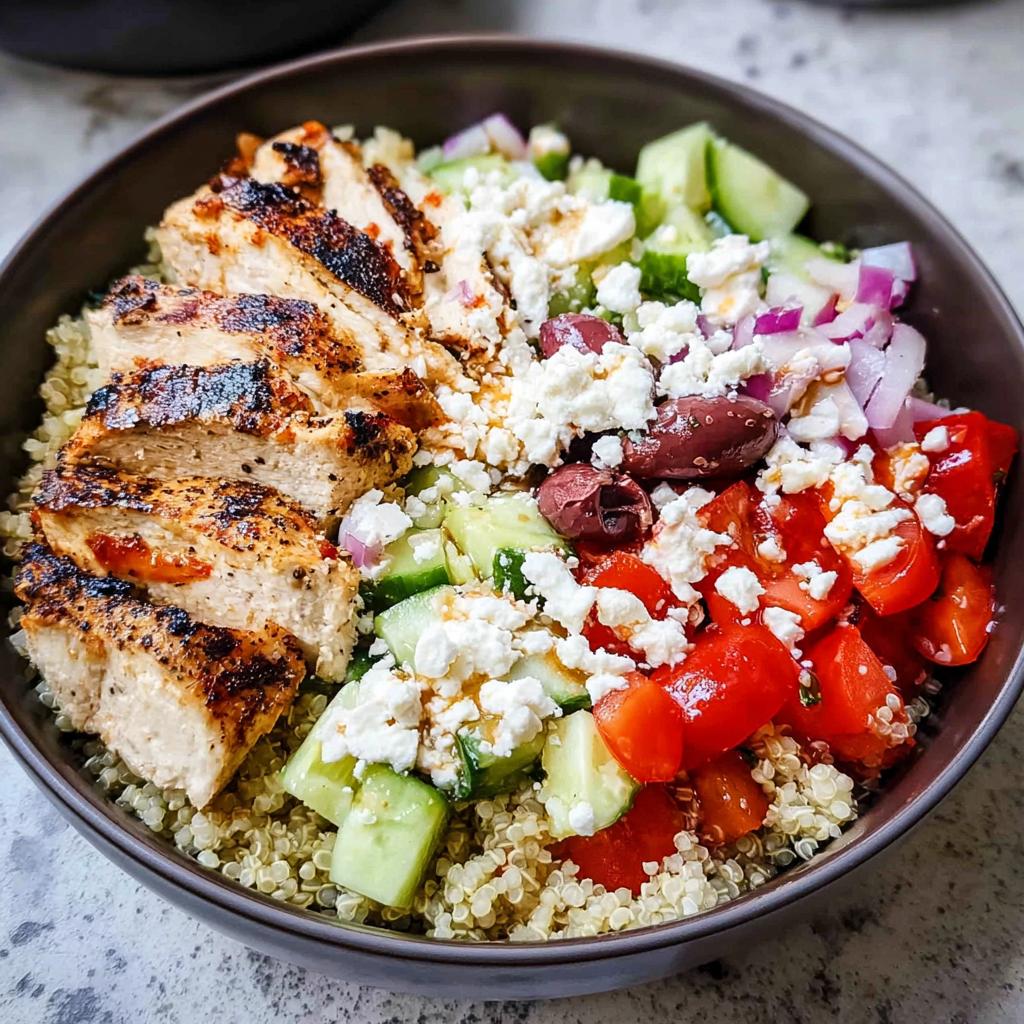 A close-up of a Greek Chicken Bowl featuring sliced grilled chicken, quinoa, cucumber, tomatoes, feta cheese, olives, and red onion.