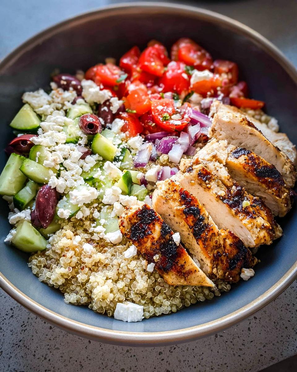 A close-up of Greek Chicken Bowls featuring sliced grilled chicken, quinoa, cucumber, tomatoes, olives, red onion, and feta cheese.