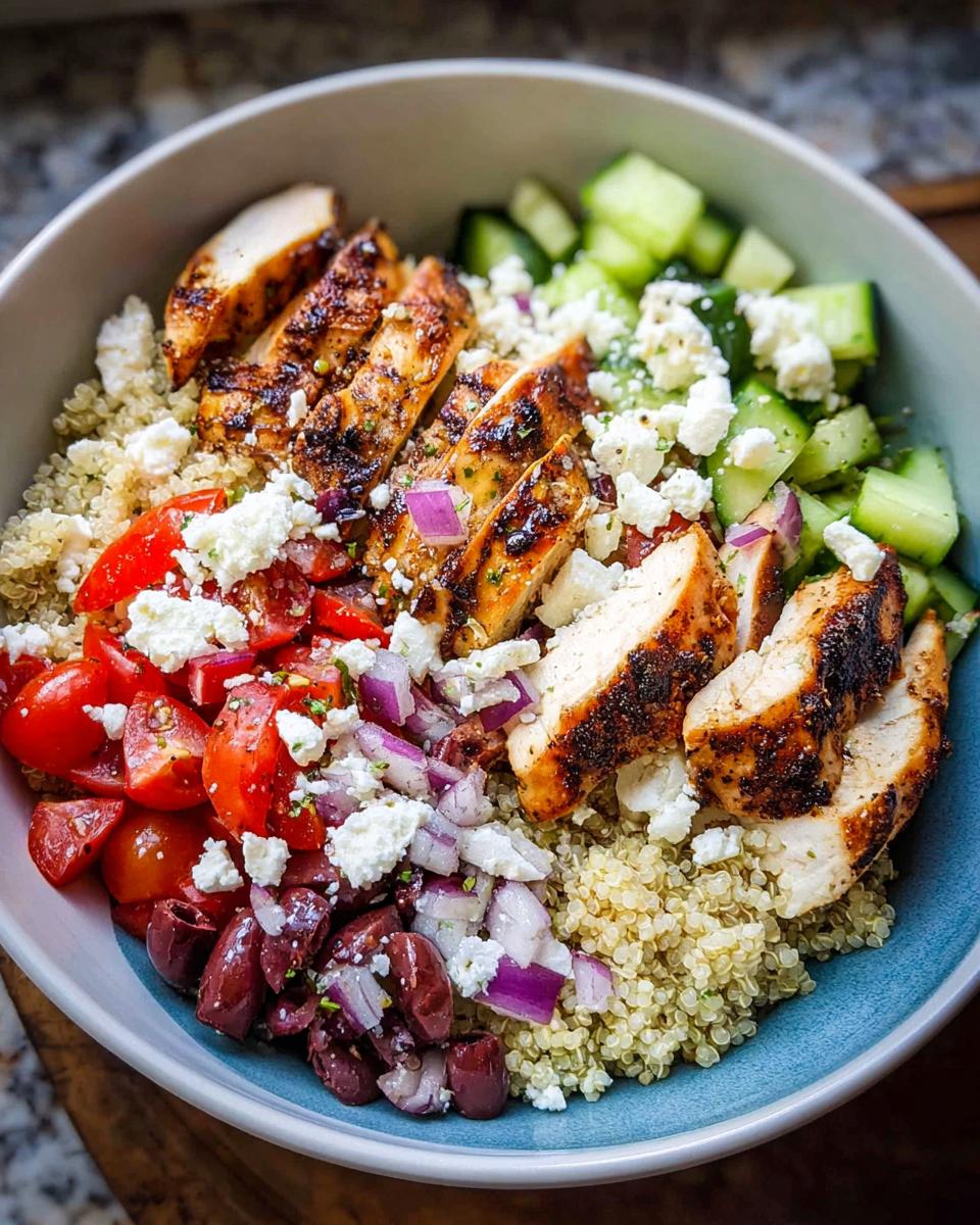 A vibrant bowl of Greek Chicken Bowls featuring grilled chicken, quinoa, tomatoes, cucumbers, olives, red onion, and feta cheese.