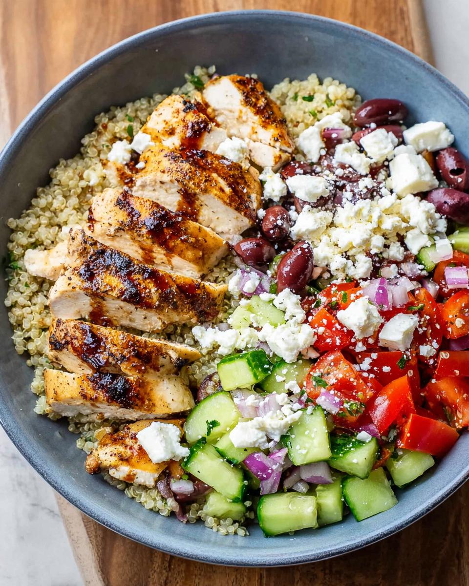 A close-up of a Greek Chicken Bowl with sliced grilled chicken, quinoa, tomatoes, cucumbers, olives, and feta cheese.