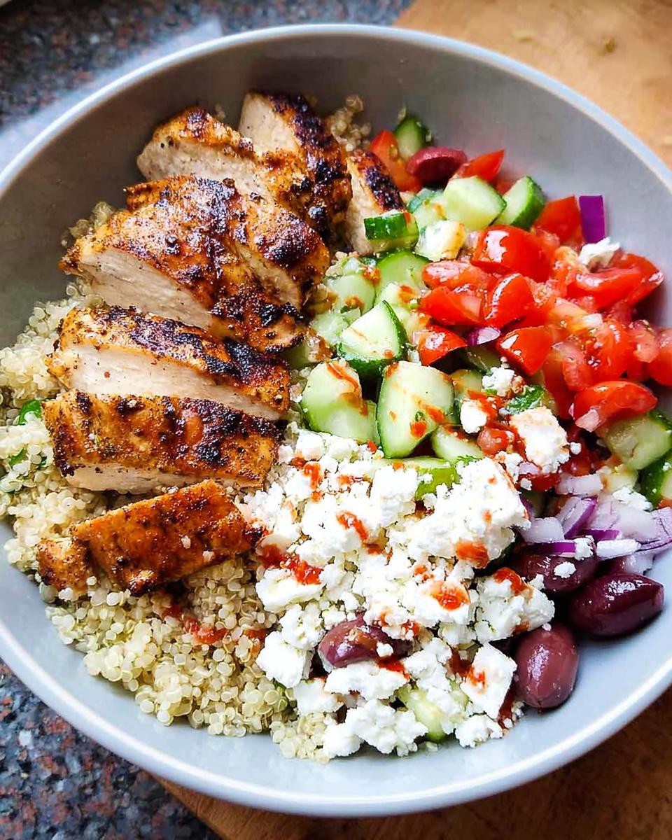 A close-up of Greek Chicken Bowls featuring seasoned chicken, quinoa, cucumber, tomatoes, red onion, feta cheese, and Kalamata olives.
