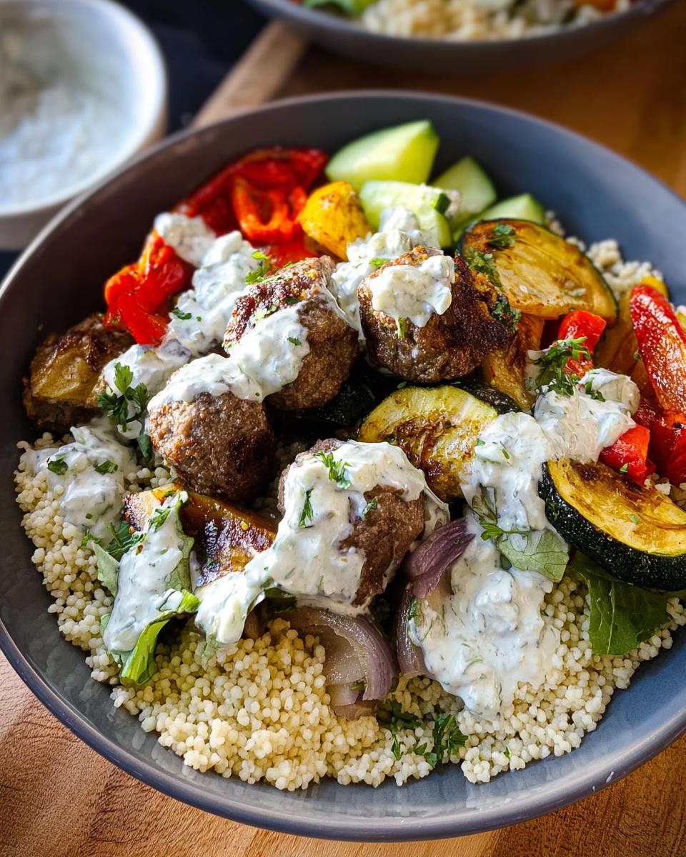 A delicious Greek Meatball Bowl recipe featuring juicy meatballs, roasted vegetables, couscous, and creamy tzatziki sauce.