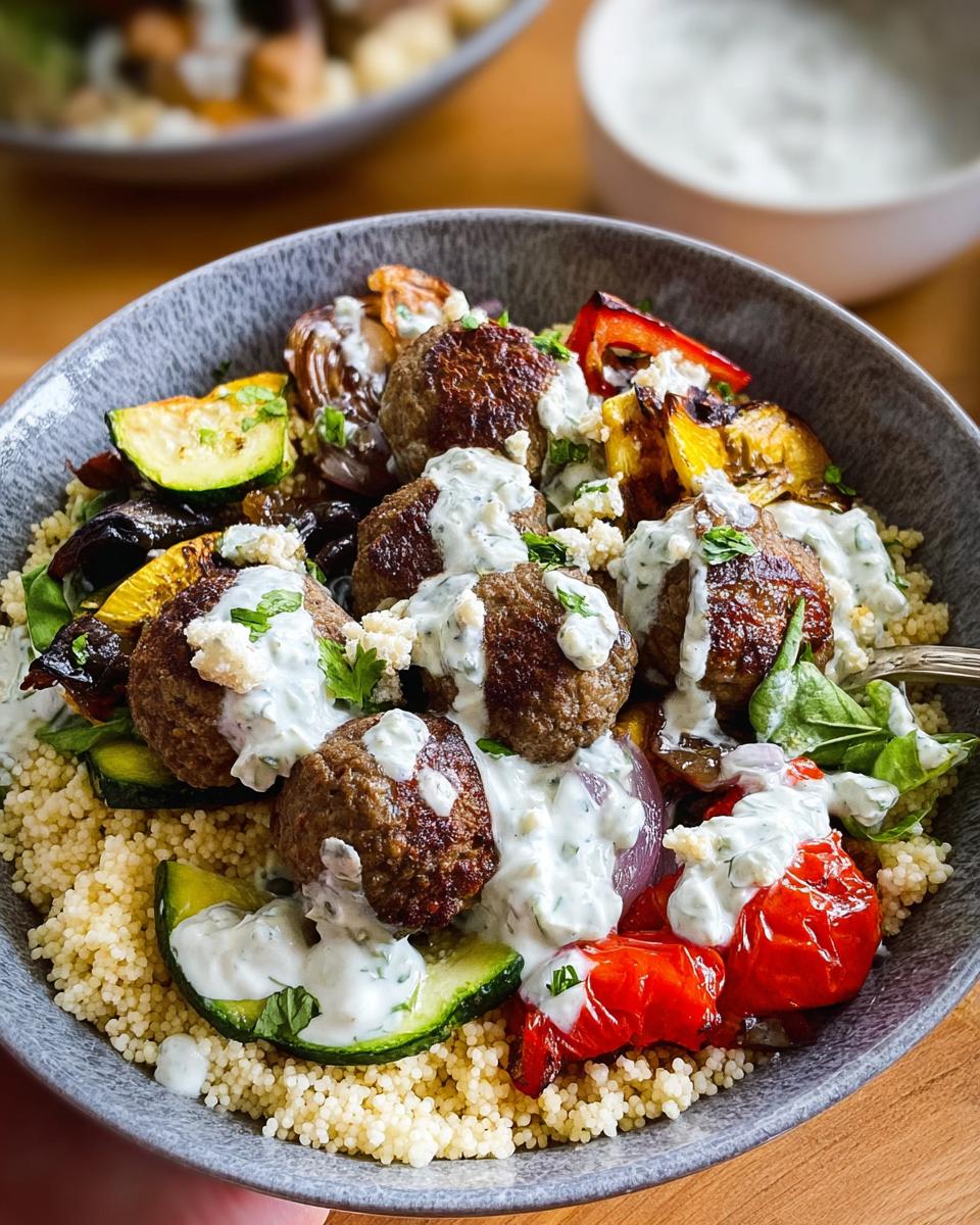 A delicious Greek Meatball Bowl recipe featuring juicy meatballs, roasted vegetables, couscous, and a creamy tzatziki sauce.