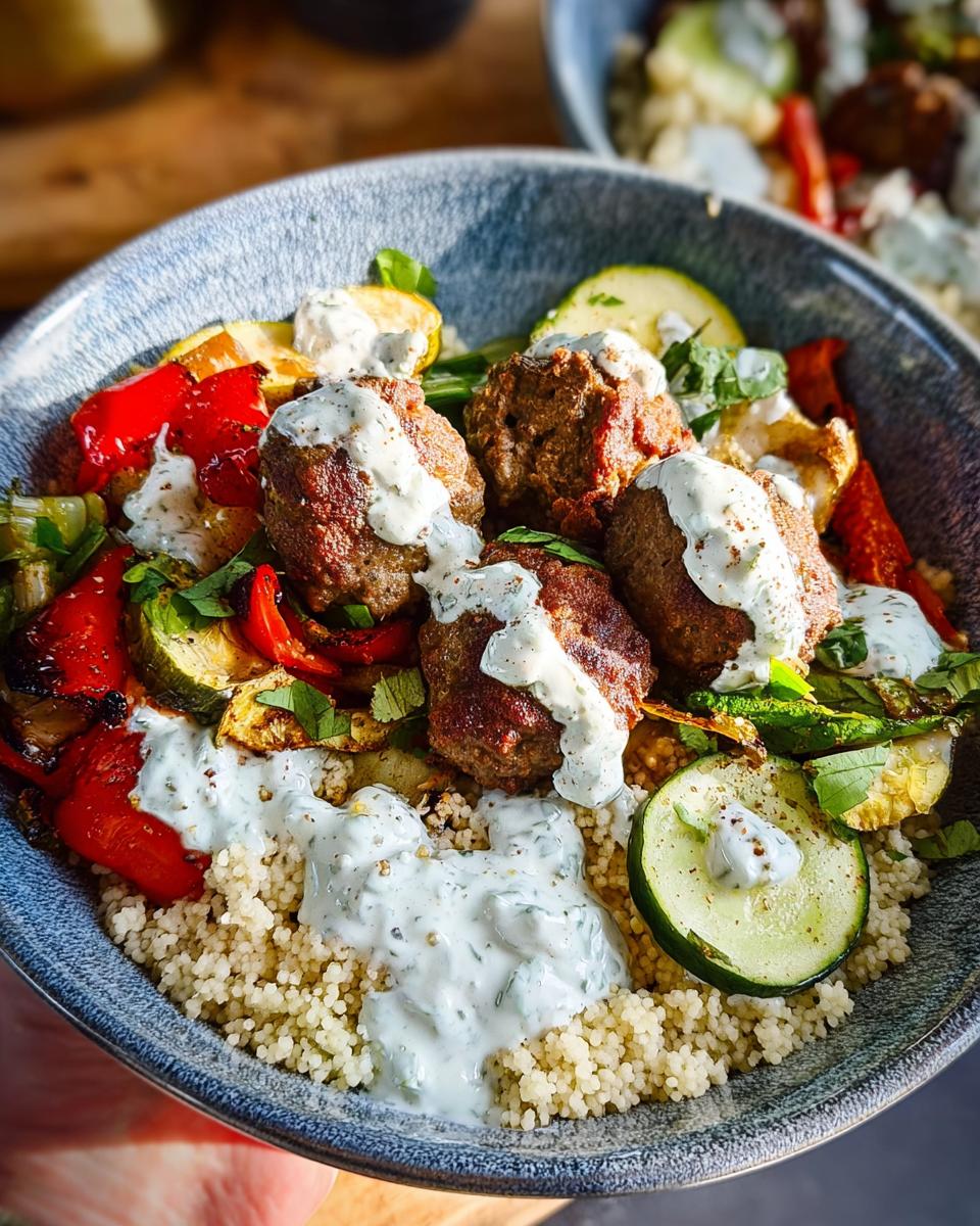 A close-up of a Greek Meatball Bowl Recipe featuring couscous, roasted vegetables, meatballs, and a creamy yogurt sauce.