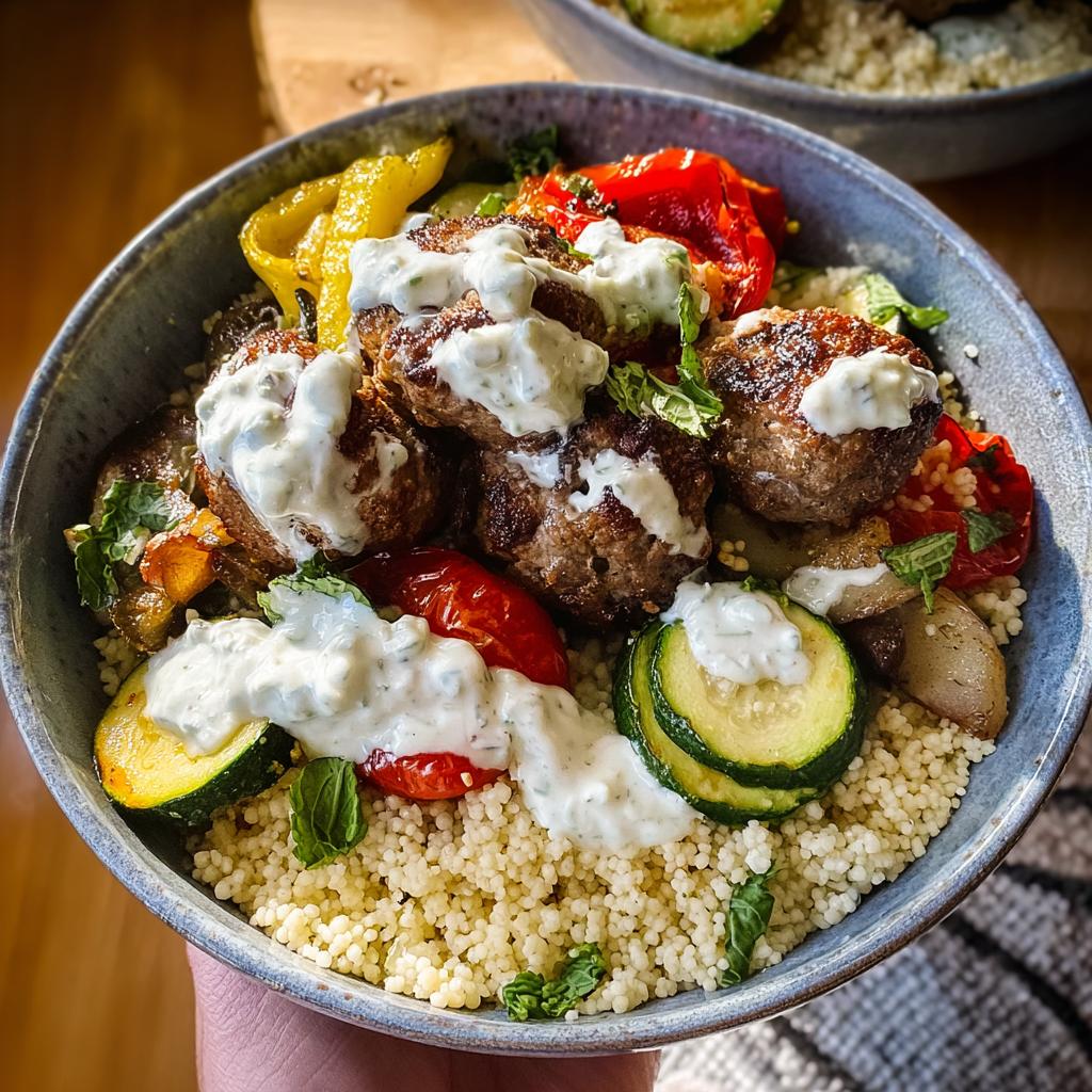 A close-up of a Greek Meatball Bowl recipe, featuring seasoned meatballs, roasted vegetables, and fluffy couscous topped with creamy tzatziki sauce.