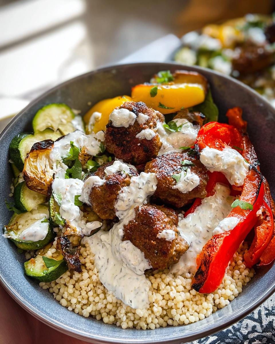 A close-up of a Greek Meatball Bowl featuring seasoned meatballs, grilled zucchini, bell peppers, and couscous, drizzled with a creamy sauce.