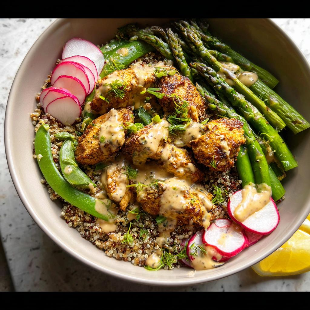 A healthy lemon garlic chicken meal prep bowl with quinoa, asparagus, snap peas, and radishes, drizzled with sauce.