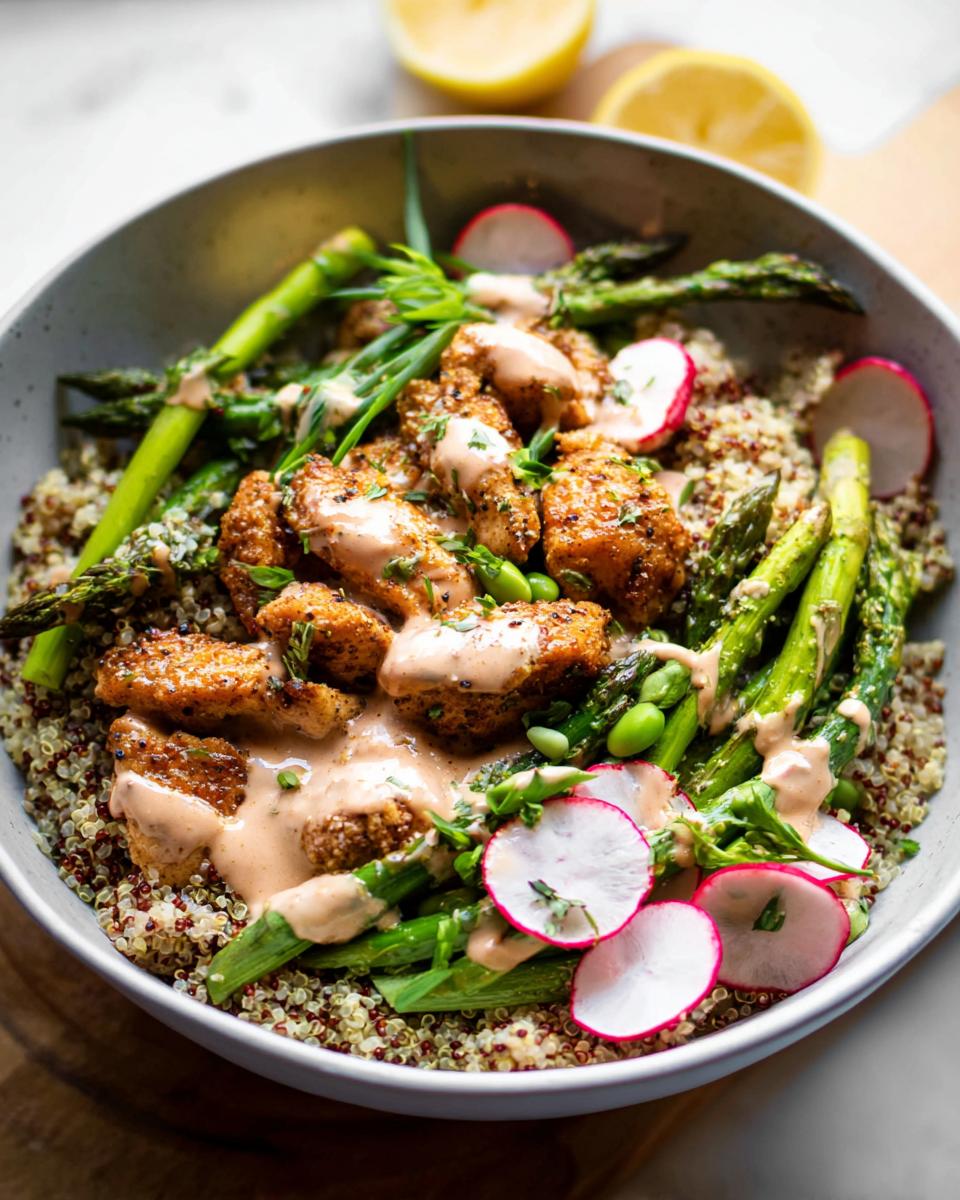 A healthy lemon garlic chicken meal prep bowl with quinoa, asparagus, edamame, radishes, and a creamy sauce.