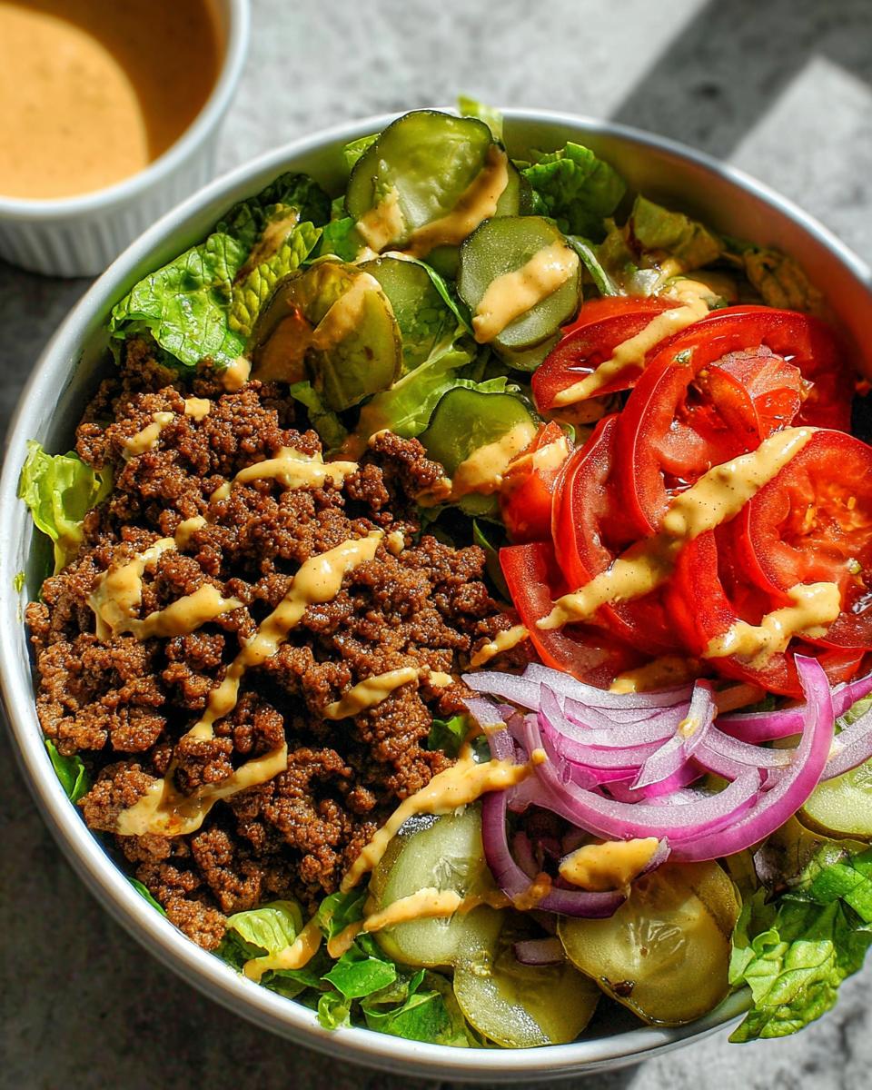 A delicious High-Protein Cheeseburger Bowl with ground beef, lettuce, tomatoes, pickles, and onions, drizzled with sauce.