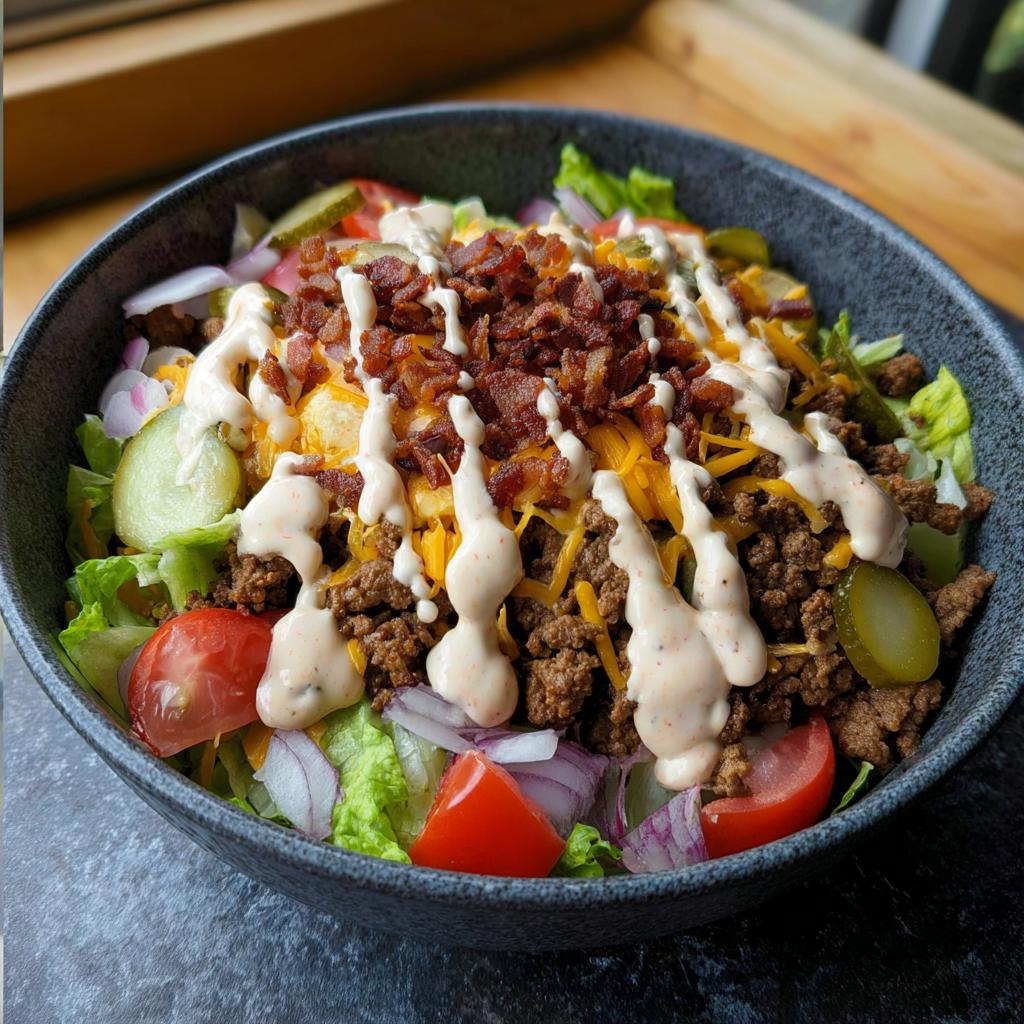 A bowl filled with a high-protein cheeseburger bowl, featuring ground beef, lettuce, tomatoes, onions, pickles, cheese, bacon, and a creamy dressing.