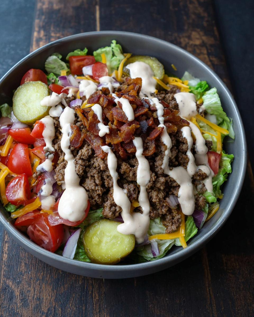 A delicious High-Protein Cheeseburger Bowl with ground beef, bacon, cheese, lettuce, tomatoes, pickles, and a creamy dressing.