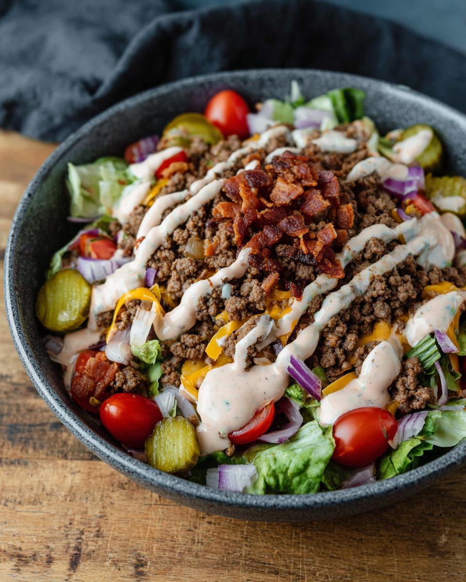A close-up of a High-Protein Cheeseburger Bowl filled with ground beef, cheese, lettuce, tomatoes, pickles, and bacon, drizzled with dressing.
