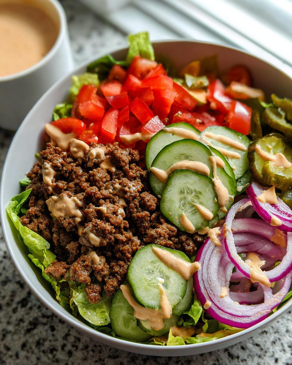 A vibrant High-Protein Cheeseburger Bowl featuring seasoned ground beef, fresh lettuce, diced tomatoes, cucumber slices, red onion, and pickles, drizzled with sauce.