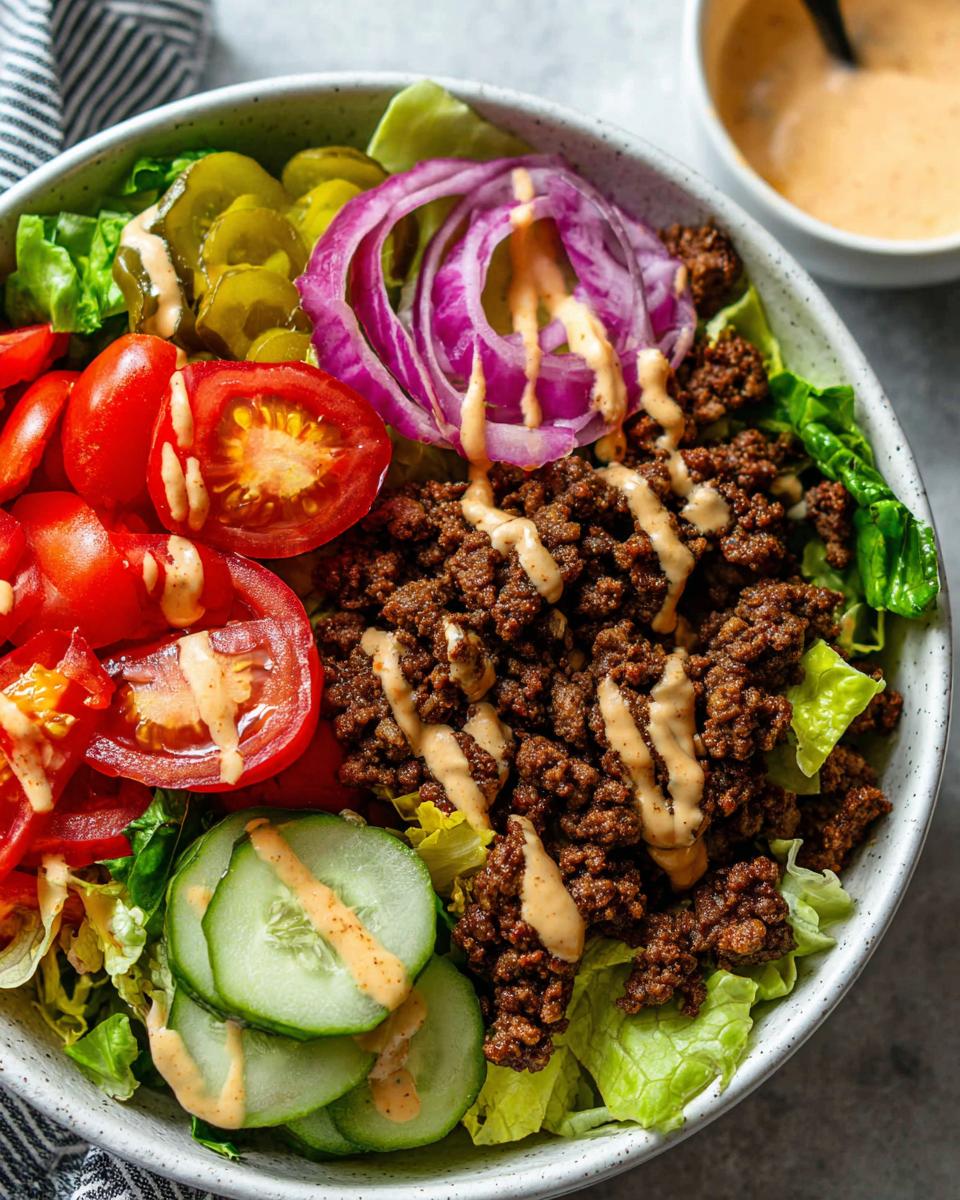 A delicious High-Protein Cheeseburger Bowl filled with seasoned ground beef, lettuce, tomatoes, cucumbers, red onion, pickles, and a drizzle of sauce.