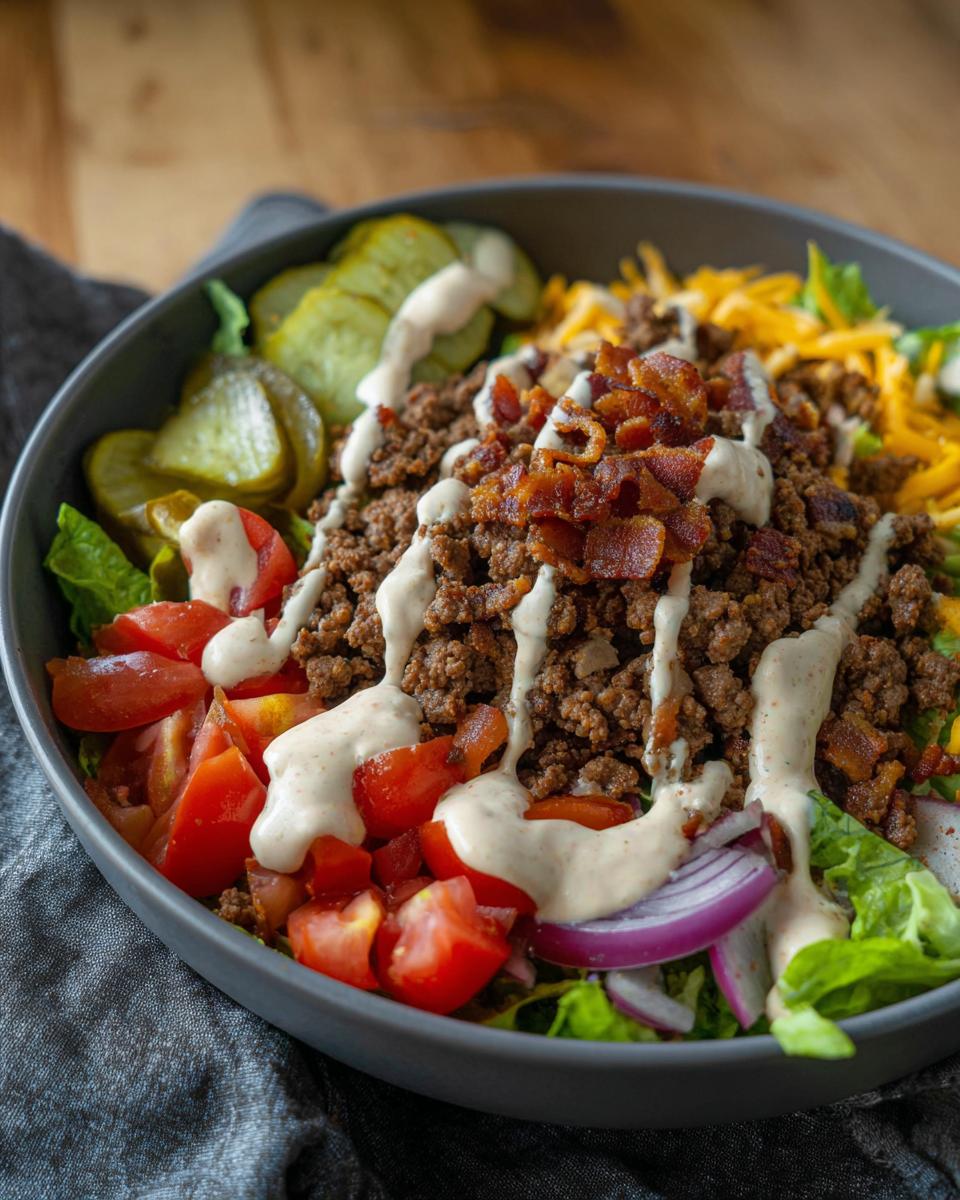 A delicious bowl filled with ground beef, lettuce, tomatoes, cheese, bacon, and pickles, drizzled with sauce. High-Protein Cheeseburger Bowls Recipe.