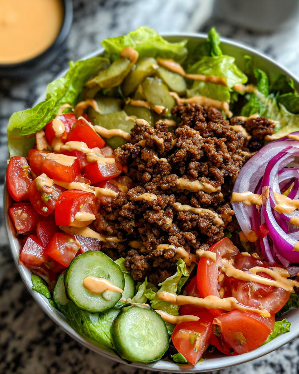 A delicious bowl filled with seasoned ground beef, lettuce, tomatoes, pickles, red onion, and a creamy sauce, showcasing the High-Protein Cheeseburger Bowls Recipe.