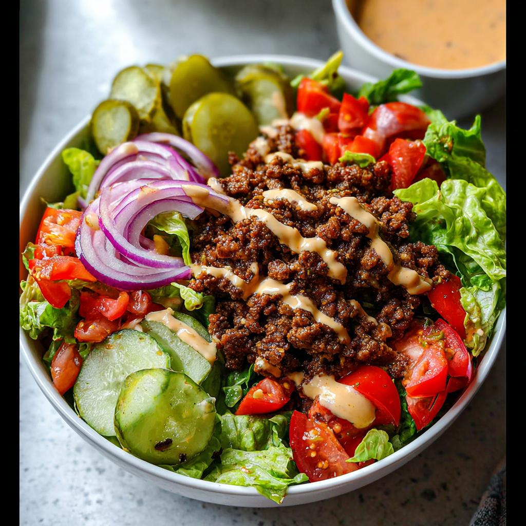 A delicious High-Protein Cheeseburger Bowl with seasoned ground beef, lettuce, tomatoes, red onion, pickles, and a drizzle of sauce.