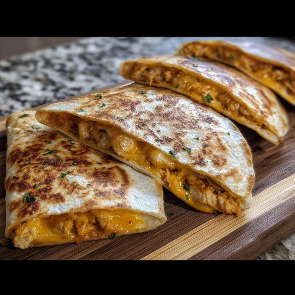 Close-up of golden-brown High-Protein Chicken Ranch Quesadilla slices filled with shredded chicken and melted cheese.