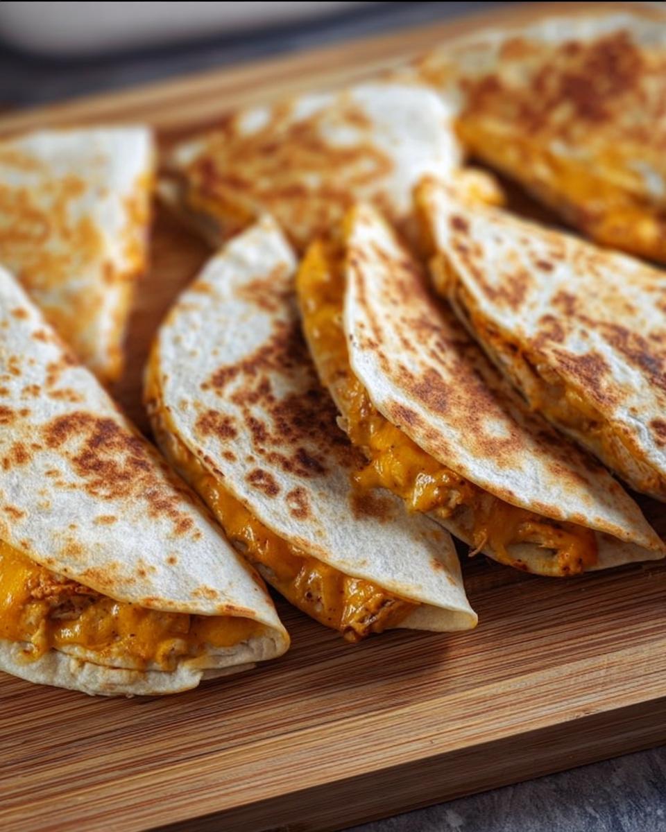 Close-up of golden-brown, cheesy High-Protein Chicken Ranch Quesadilla slices on a wooden board.