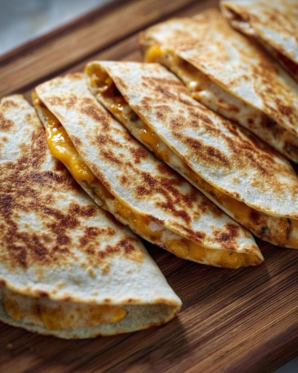 Golden-brown slices of High-Protein Chicken Ranch Quesadilla filled with melted cheese and chicken.