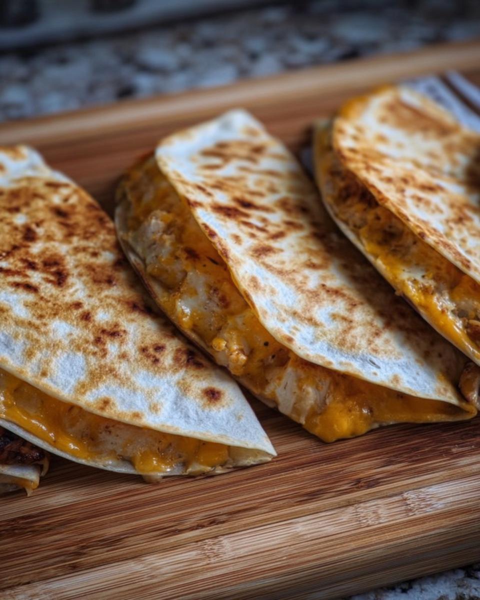 Golden brown slices of High-Protein Chicken Ranch Quesadilla filled with melted cheese and chicken.