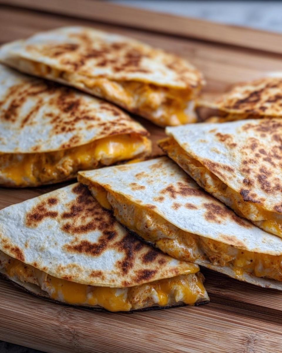 Several slices of golden-brown High-Protein Chicken Ranch Quesadilla with melted cheese oozing out.